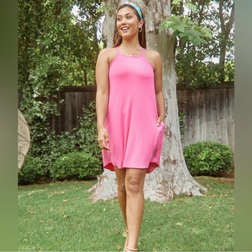 Shebird Luxe Rib pink lightweight pocket Vacay Bra a-line square neckline Dress